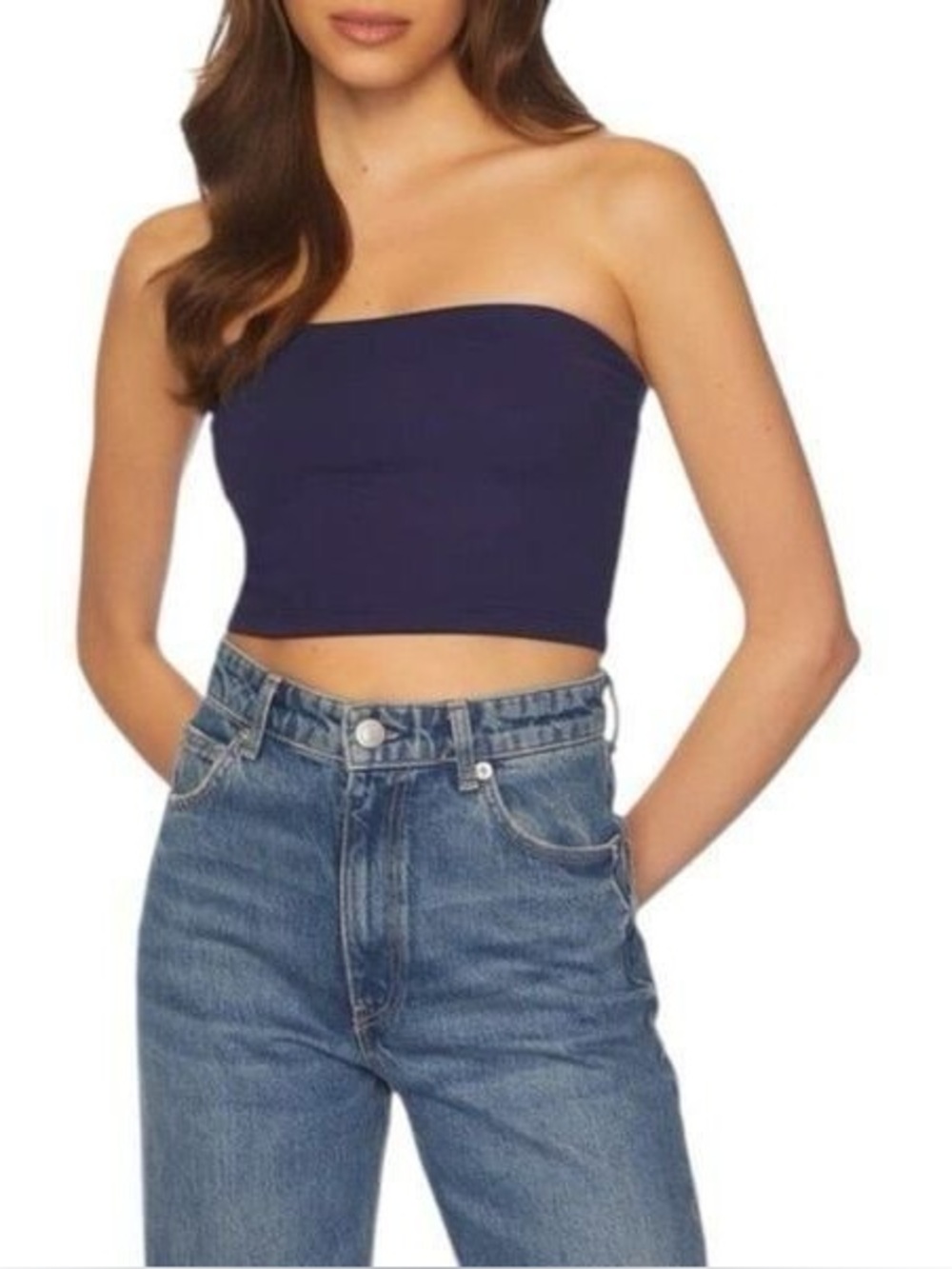Susana Monaco Navy Blue Essentials Stretchy Basic Strapless Crop Tube Top Large